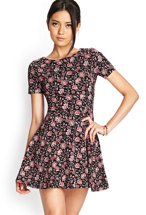 Forever 21 Floral Skater Dress In Red Blackred Lyst