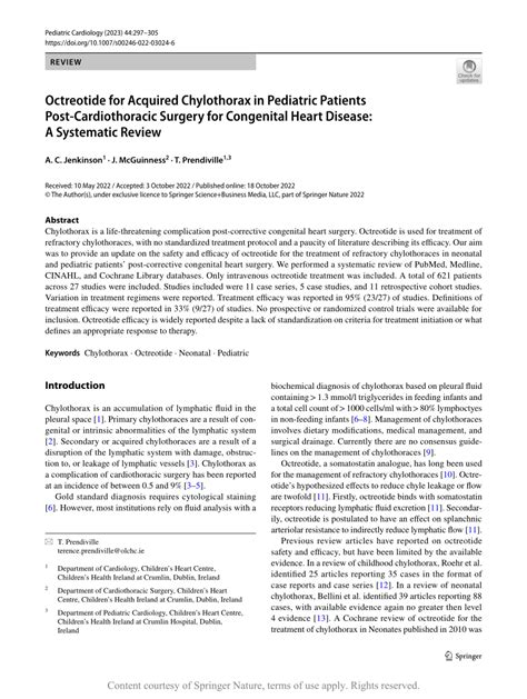 Octreotide For Acquired Chylothorax In Pediatric Patients Post
