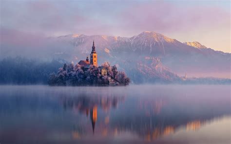 Lake Bled Island Church Mountains Mist Reflection Wallpapers Hd