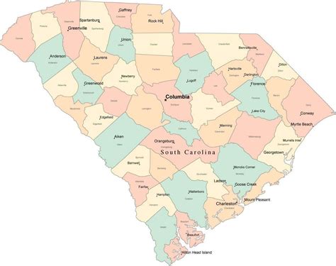 Multi Color South Carolina Map With Counties Capitals