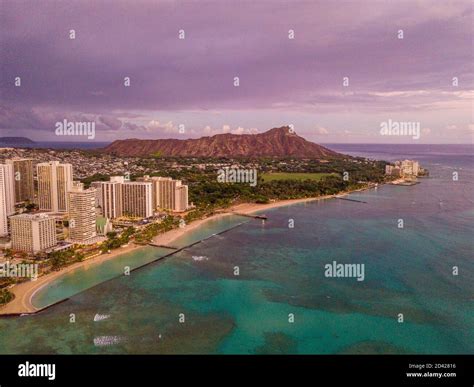 Aerial View From Above On The Honolulu City Skyline And The Purple