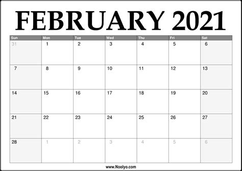 2021 February Calendar Printable Download Free Calendars