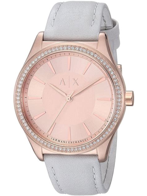 Womens Armani Exchange Crystalllized Grey Leather Strap Watch Ax5444