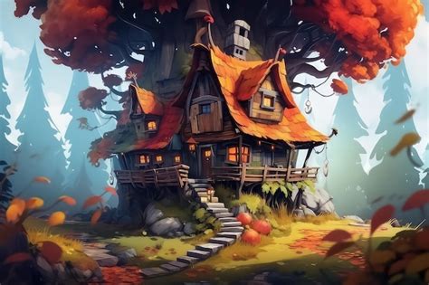 Premium Ai Image Autumn House In Autumn Forest In Cartoon Style