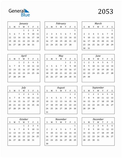 2053 Blank Yearly Calendar Printable