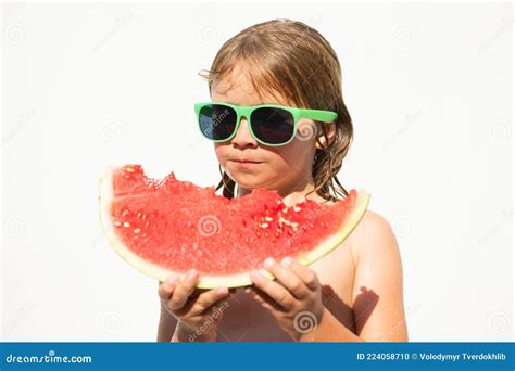 Funny Amazed Child Eats Watermelon Near The Pool Isolated On White