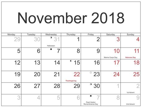 November 2018 Usa Holidays Calendar November Calendar Calendar Word
