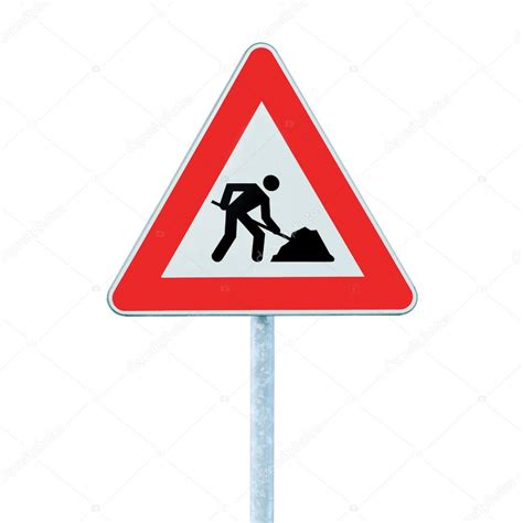 Road Works Ahead Warning Road Sign With Pole Isolated — Stock Photo