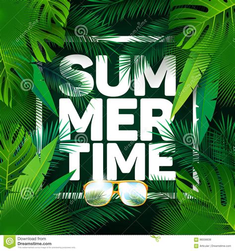 Vector Summer Time Holiday Typographic Illustration On Palm Leaves