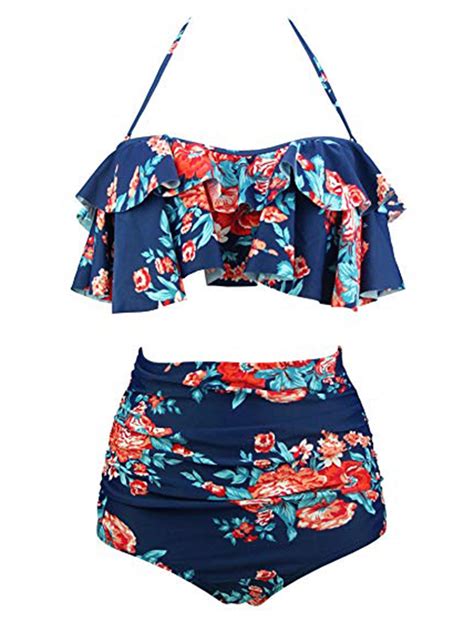 Sayfut Women Retro Floral Printing Swimsuit Plus Size High