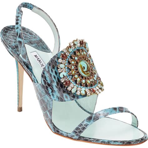 Lyst Manolo Blahnik Snakeskin Ronda Jeweled Sandals In Blue