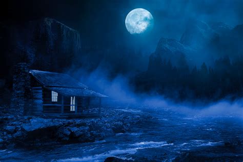 House Night Full Moon Fantasy Lake Flowing On Side 5k Wallpaperhd