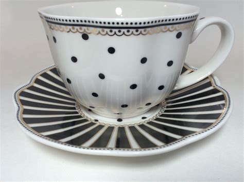 Grace Teaware Black White Cup Saucer Set Polka Dot Stripe T Set Teacup Nwt Bridal Shower
