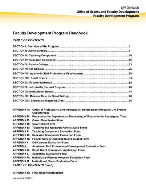 Faculty Development Program Handbook Table Of Contents