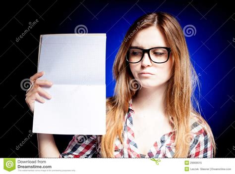 Disappointed Young Girl With Nerd Glasses Holding Stock