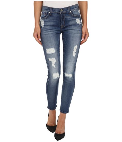 7 For All Mankind Denim The Ankle Skinny W Destroy In Distressed Authentic Light 2 In Blue