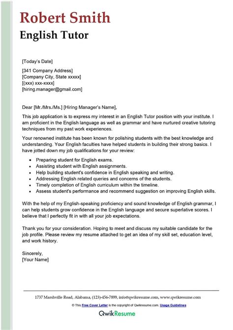 English Tutor Cover Letter Examples Qwikresume