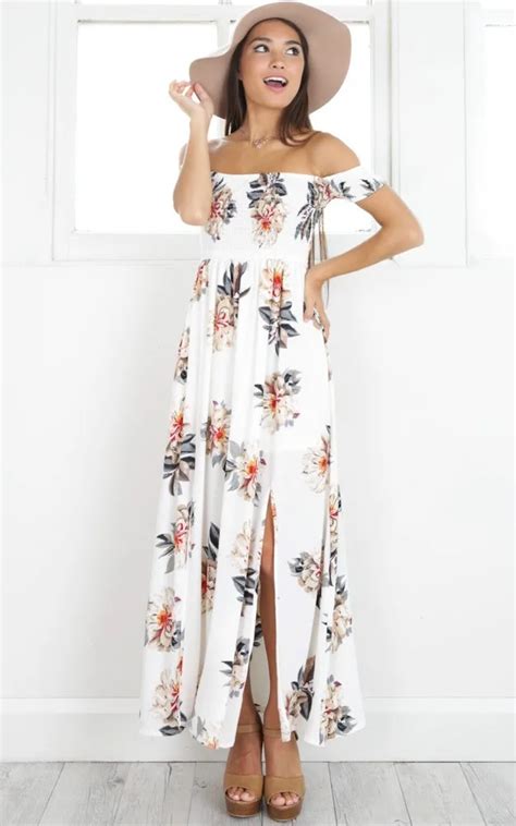 2017 New Boho Style Long Dress Women Off Shoulder Beach Summer Dresses Floral Print White Maxi