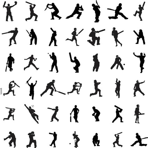 Large Collection Of Silhouettes Of Cricket Player Batsman Bowler And