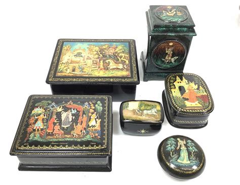 Lot 5pc Vintage Russian Hand Painted Lacquer Boxes