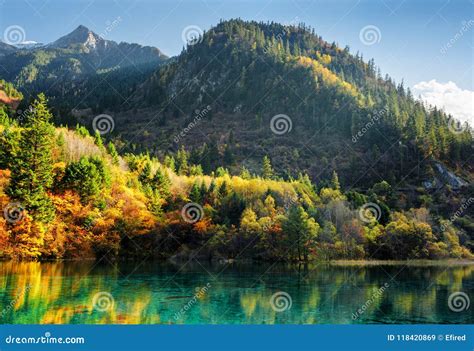 Amazing View Of Scenic Wooded Mountains And The Five Flower Lake Stock