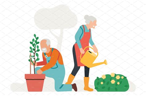 Old Man And Woman Gardening People Vector Graphics ~ Creative Market