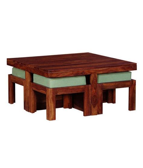 The tabletop is made from solid pine wood and has a butcher block style with visible wood grain and knots for a rustic, antique look. Smart Choice Sheesham Wood Coffee Table with 4 Mini Stools ...