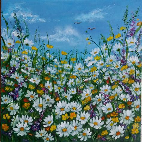 Daisy Field Painting Flower Meadow Painting Wildflower Artwork Etsy