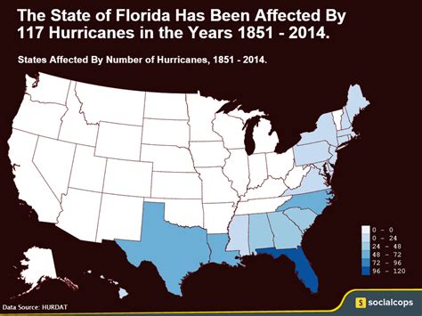 Map Showing Number Of Hurricanes That Have Affected Each State In The