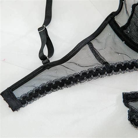Luxury Erotic Mesh Underwear 4 Piece Set Garters Choker Rhinestone Inlaid Women Sexy Black