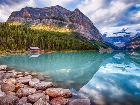 Canada Parks Lake Mountains Forests Stones Scenery Lake Louise Banff Nature 04281