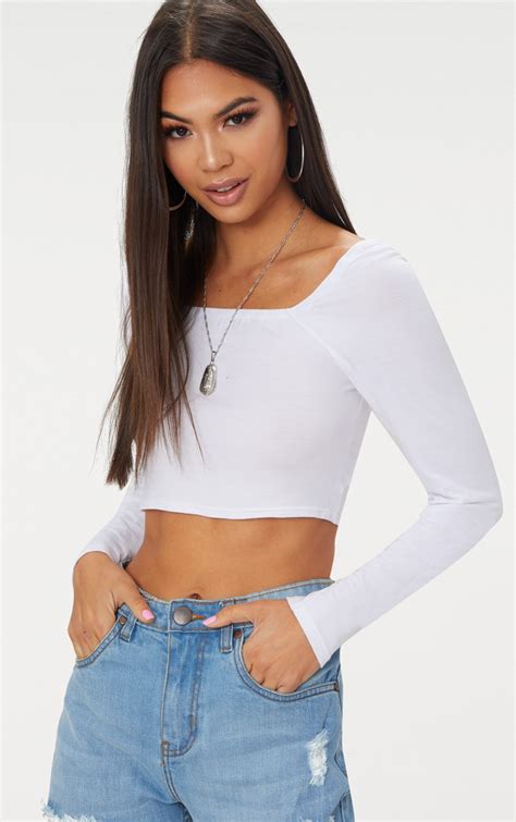 Basic White Jersey Square Neck Long Sleeve Crop Top Prettylittlething Usa