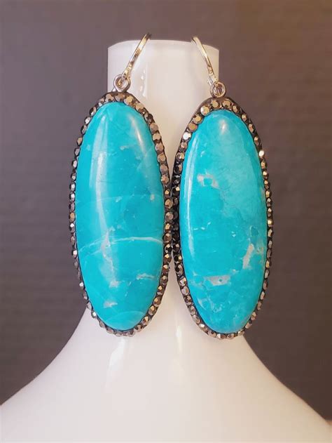 Turquoise Magnesite And Marcasite Extra Large Earrings White Etsy