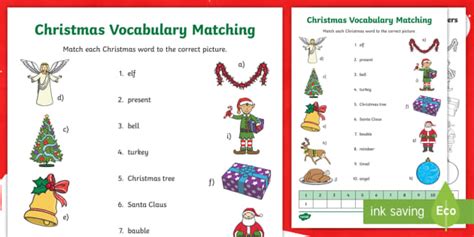 Christmas English Vocabulary Matching Worksheet