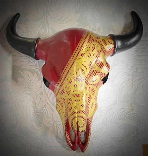 Red And Gold Hand Painted Bison Skull Wall Art Etsy