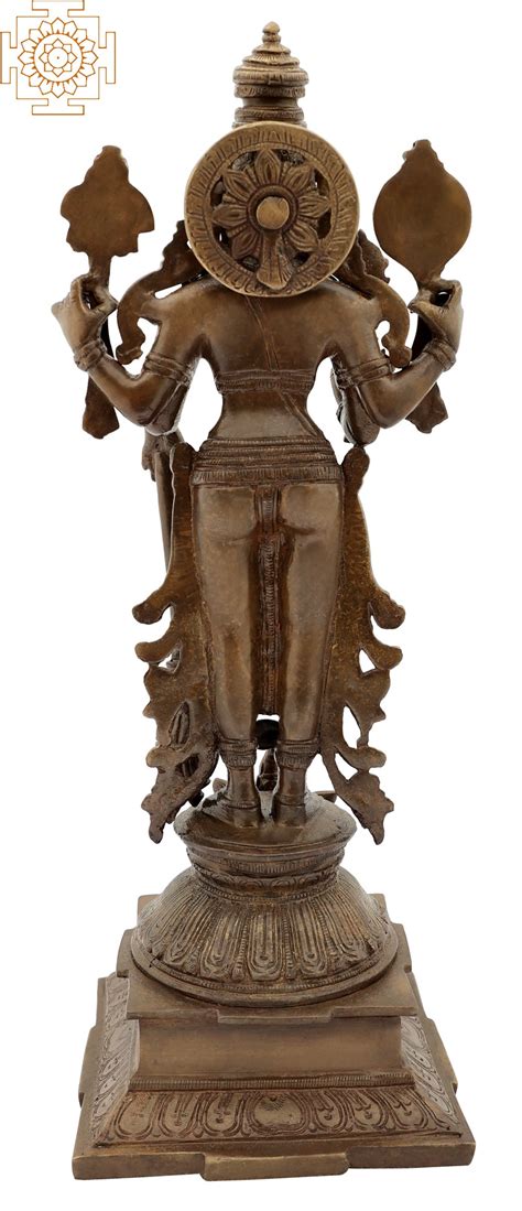 15 Four Armed Standing Vishnu Brass Sculpture Handmade Made In