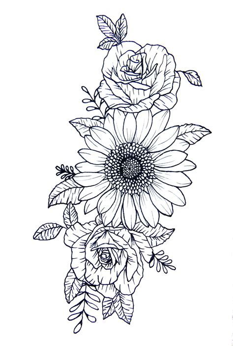 Digital File Sunflower And Roses Flower Tattoo Design Etsy