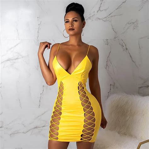 Women Sexy Strapless Pu Leather Club Dress Solid Yellow Hollow Out