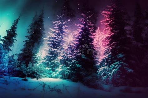 Beautiful Winter Forest At Night And Northern Lights Neural Network Ai