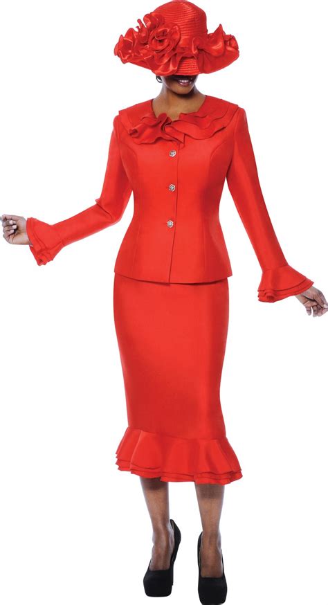 Women Church Suits Red G4682 Triple Layered Accented Skirt Suit Not