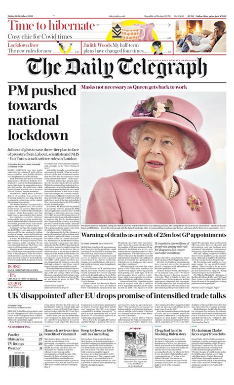 Daily Telegraph Front Page 16th Of October 2020 Tomorrows Papers Today