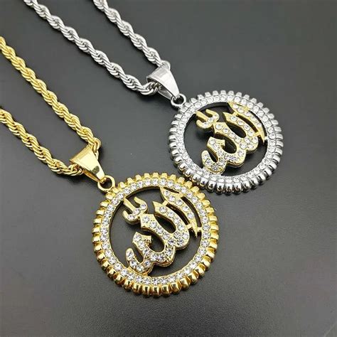 New Hip Hop Bling Iced Out Muslim Moslem Allah Pendant Necklace With Zircon Gold Color Stainless