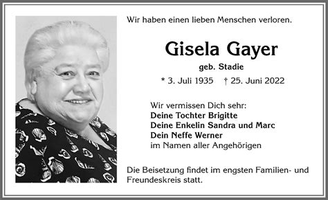 traueranzeigen von gisela gayer augsburger allgemeine zeitung