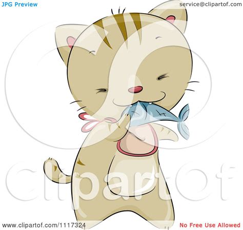 Cartoon cat sits and looks at the hanging dried fish.vector illustration.funny animal pet character. Cartoon Of A Cute Cat Wearing A Bib And Eating A Fish ...