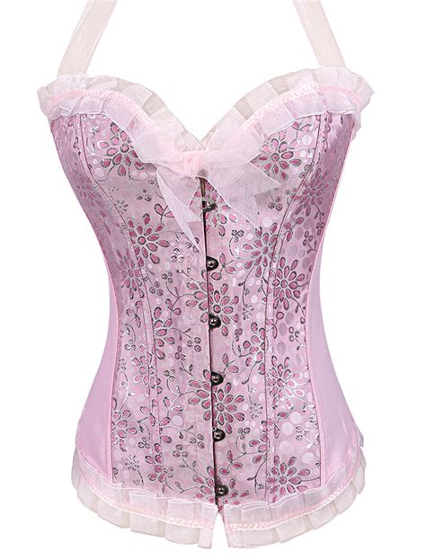 Plus Size Corset Pink Waist Trainer Lace Up Floral Halter Overbust