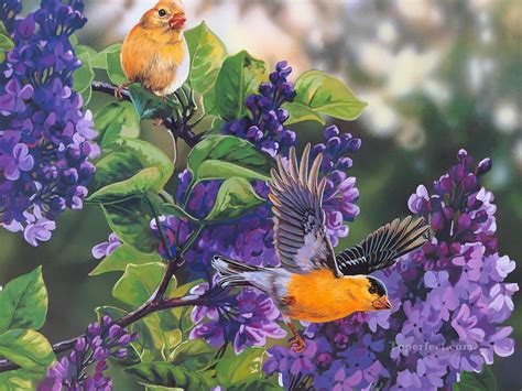 Birds And Purple Flowers Painting In Oil For Sale