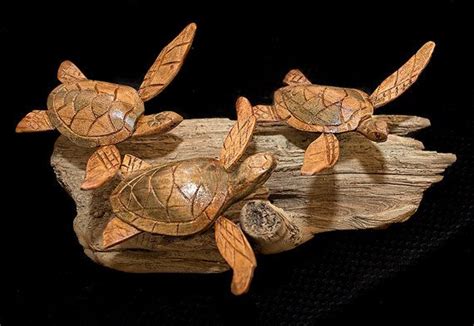 Wood Sea Turtle Babiesx3 On Driftwood Hand Carved Turtle Carving