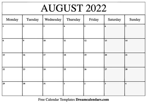 Printable Monthly Calendar August 2022 Calendar 2022
