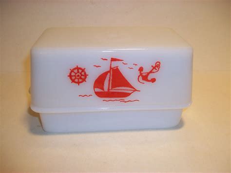 Mckee Milk Glass With Red Sailboats Anchor Ship Wheel Butter Dish With