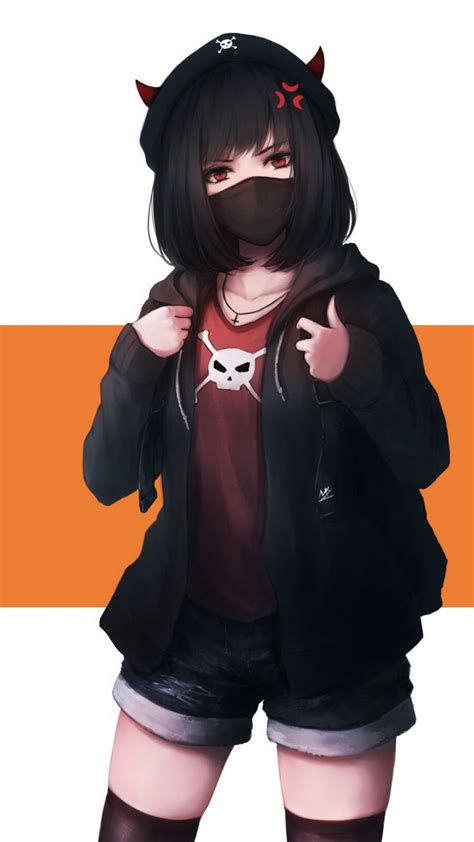 Tomboy Mask Hoodie Long Hair Tomboy Cute Anime Girl With Brown Hair And